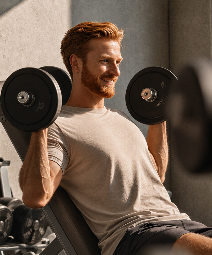 A man training with dumbbells on an incline bench in a sunlit gym