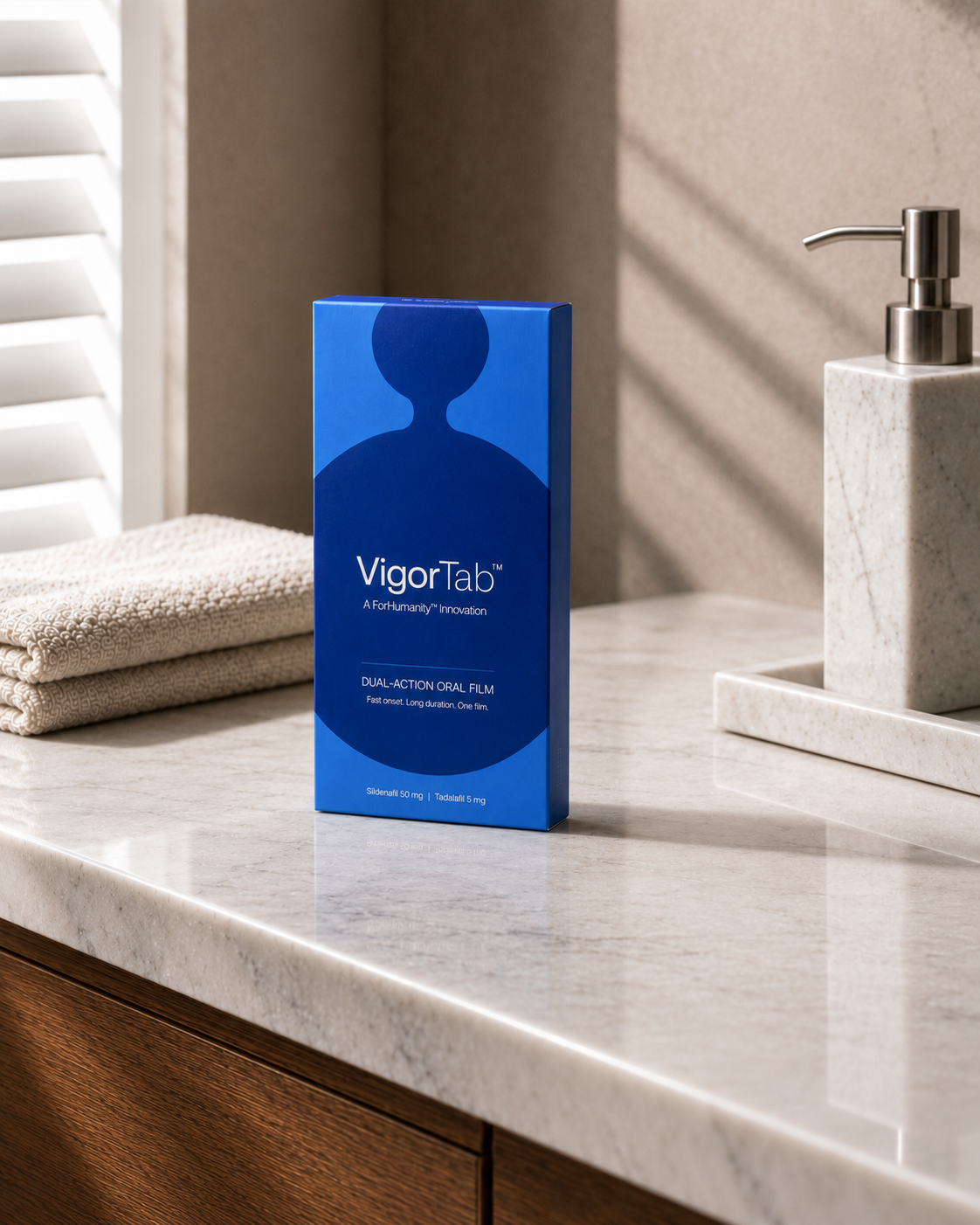 VigorTab dual-action oral film box on a marble bathroom counter