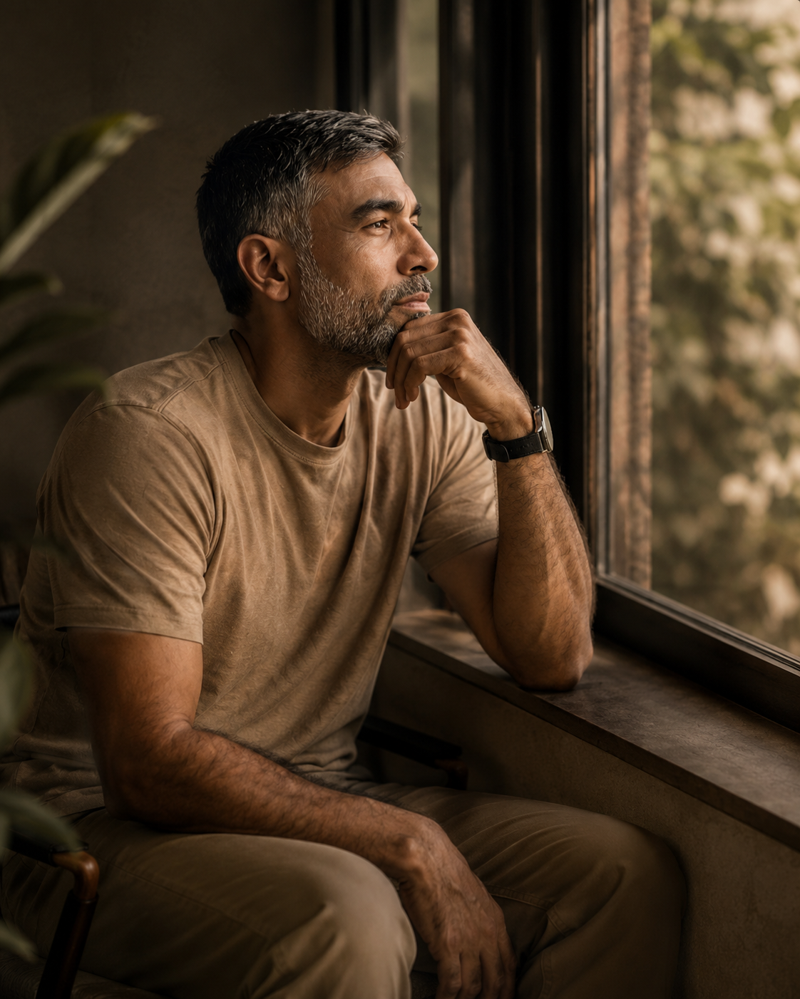 Middle-aged man sitting by a window with his hand resting under his chin, looking thoughtful