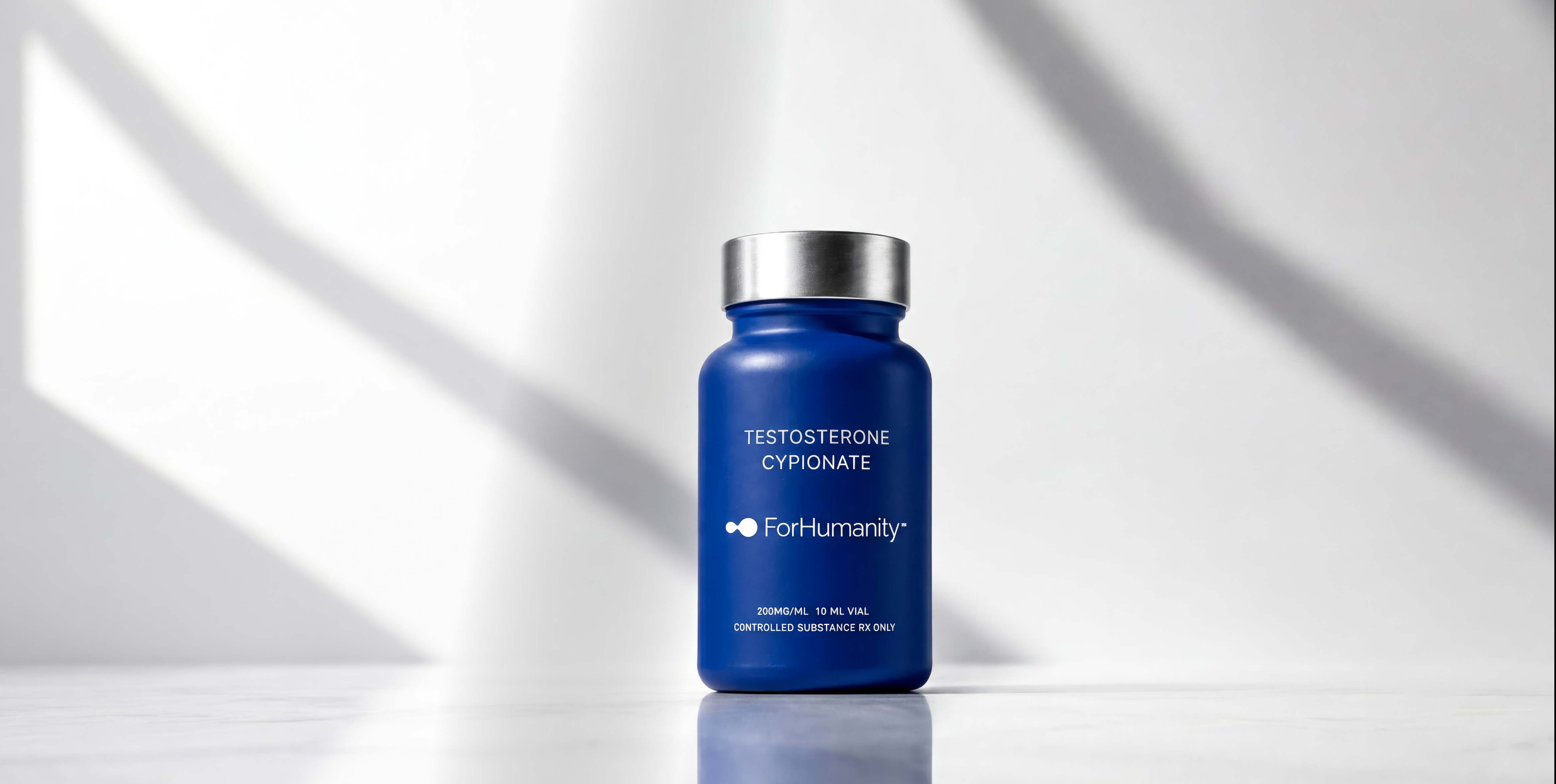 ForHumanity Testosterone Cypionate vial on a bright studio surface with soft light
