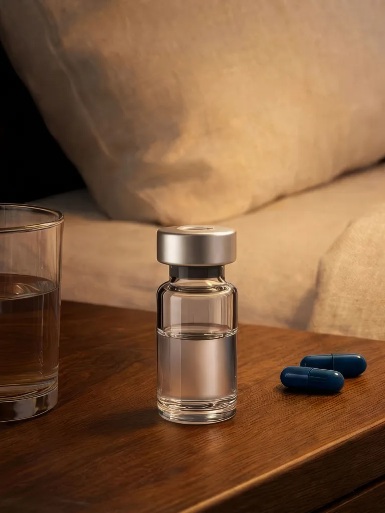 Nightstand with medicine vial and capsules in warm light